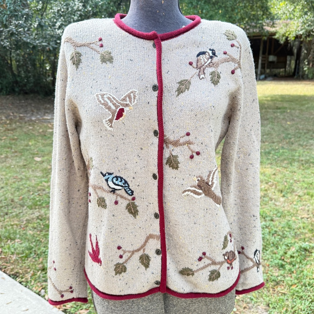 Cardigan Sweater Hand Embroidered Woodland Birds Oatmeal Tan Granny Core M